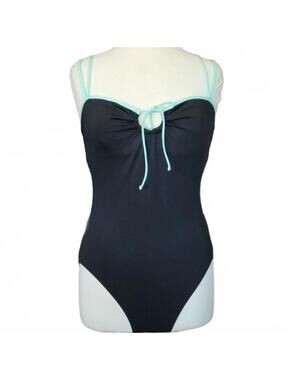 Merona Keyhole Bra Top One Piece Swimsuit Size Large Black with Blue Trim